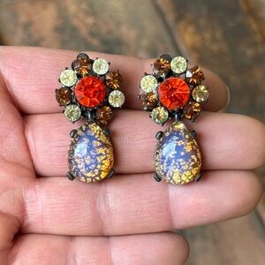 Rare Vintage Claudette Foiled Art Glass Dangle Drop Clip-On Earrings, Japanned